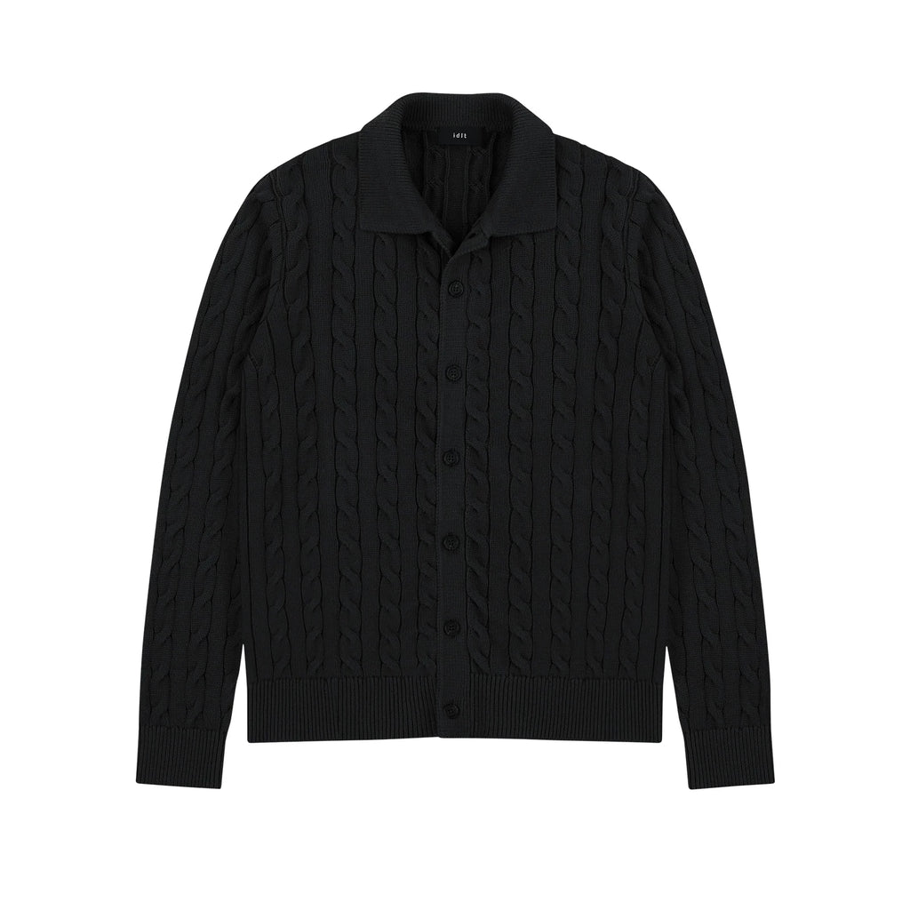 Collared Cable Knit Cardigan in Black, front view