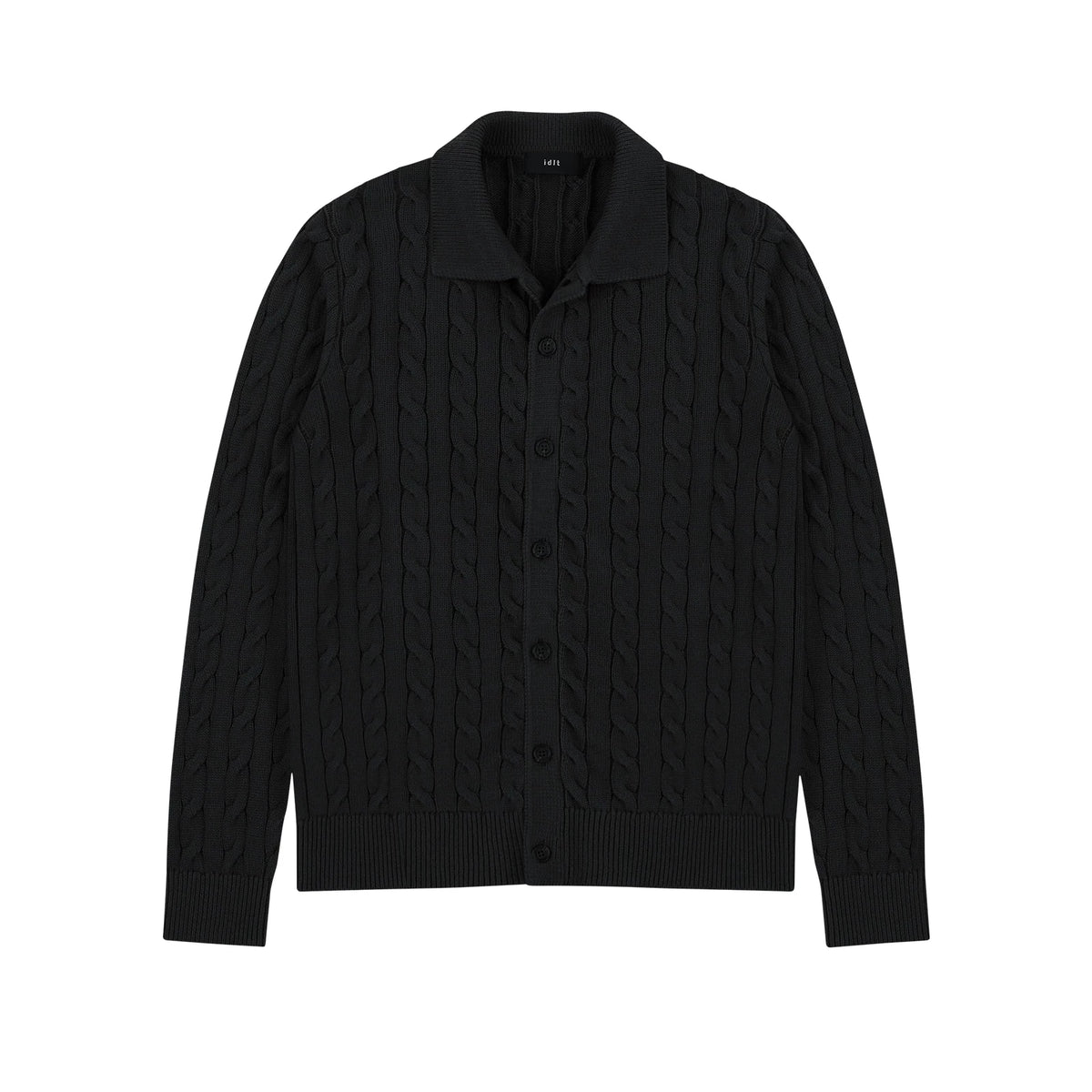 Collared Cable Knit Cardigan in Black, front view