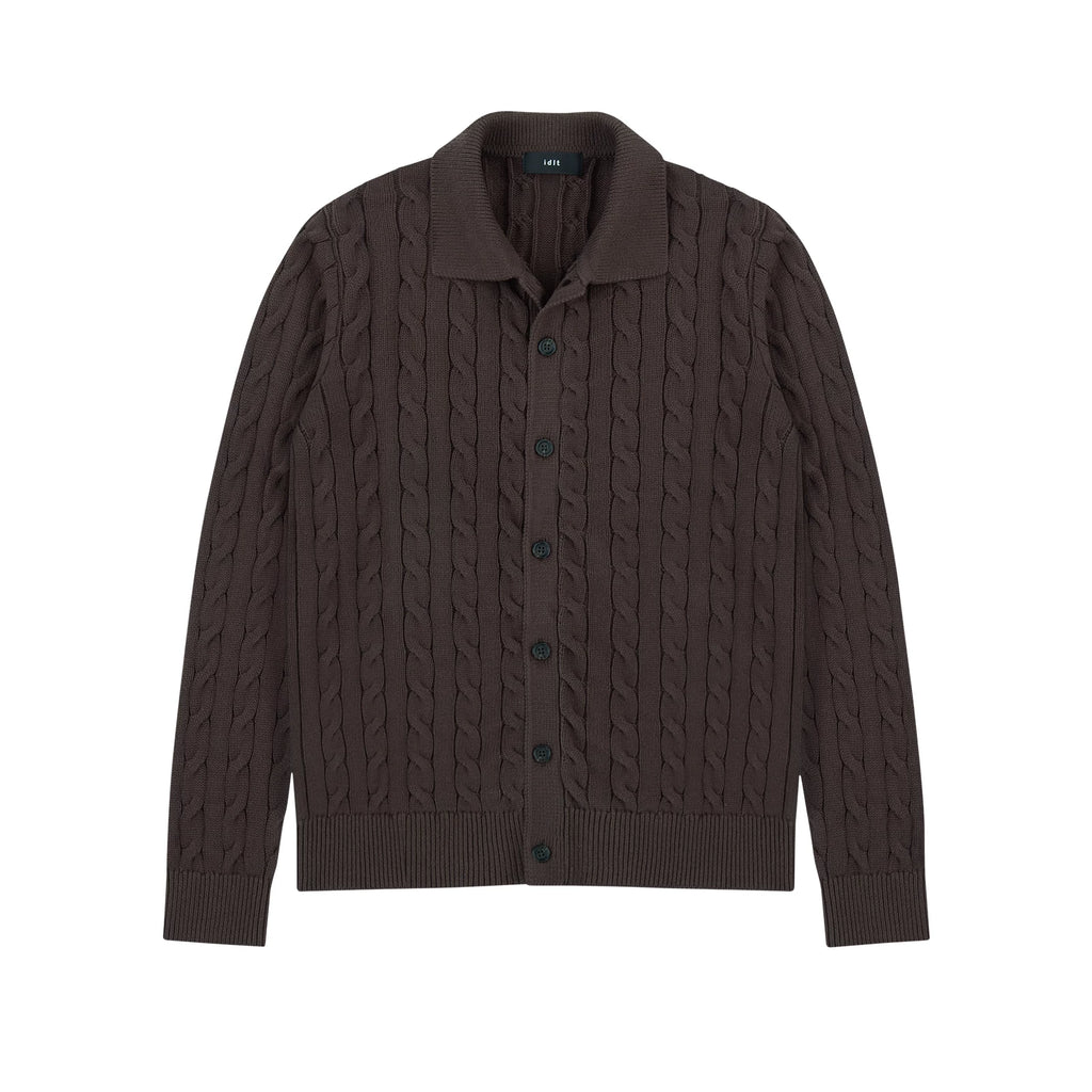 Collared Cable Knit Cardigan in Dark Brown, front view