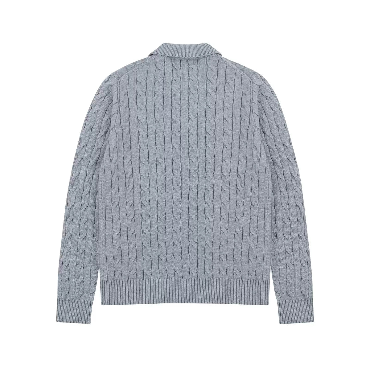 Collared Cable Knit Cardigan in Heather Grey, back view