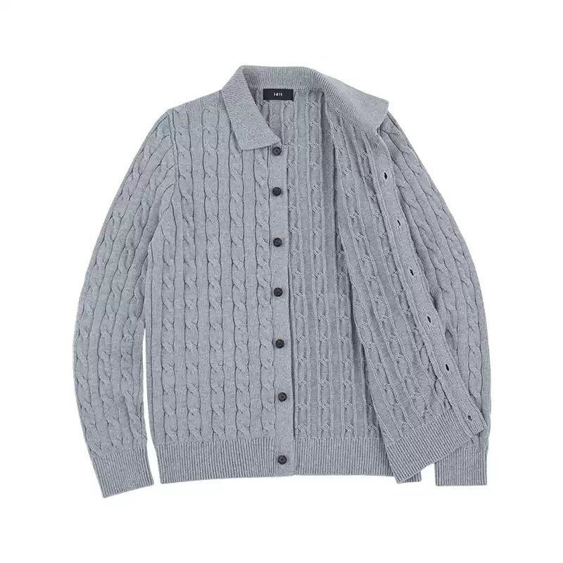 Collared Cable Knit Cardigan in Heather Grey, angled flat view