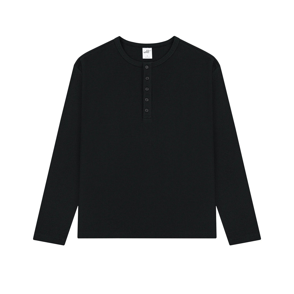 Waffle Knit Henley Shirt in Black, front view
