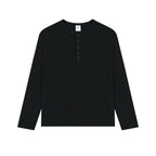 Waffle Knit Henley Shirt in Black, front view