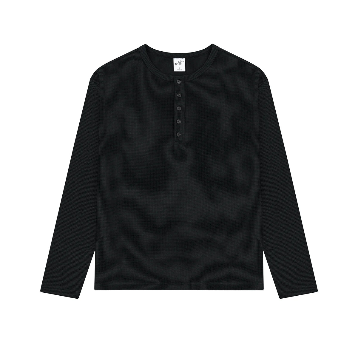 Waffle Knit Henley Shirt in Black, front view