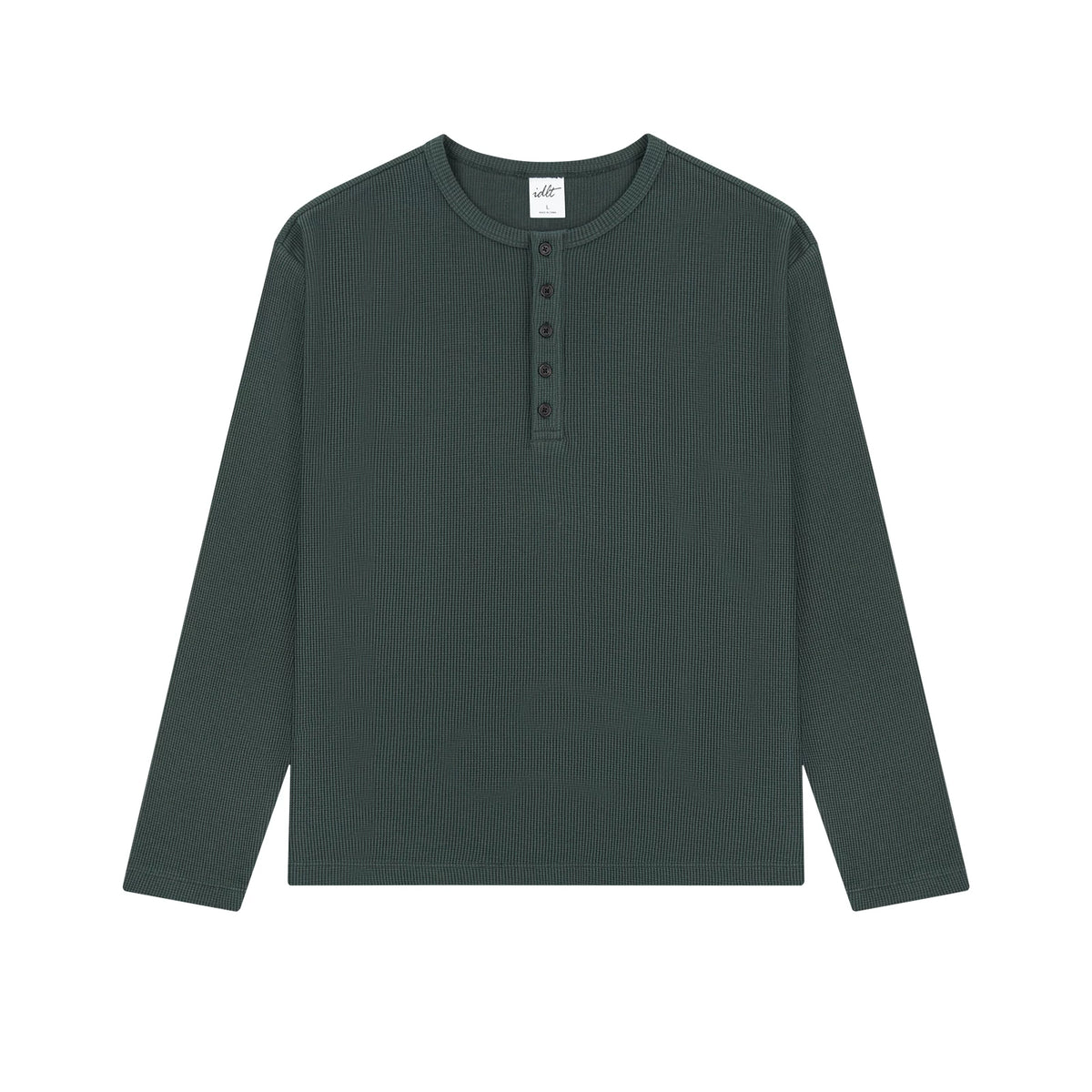 Waffle Knit Henley Shirt in Dark Green, front view