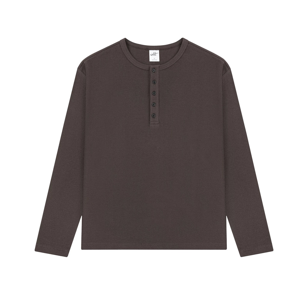 Waffle Knit Henley Shirt in Brown, front view