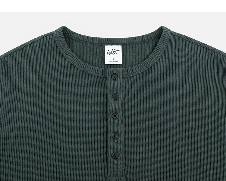 Dark Green waffle Henley neckline and placket