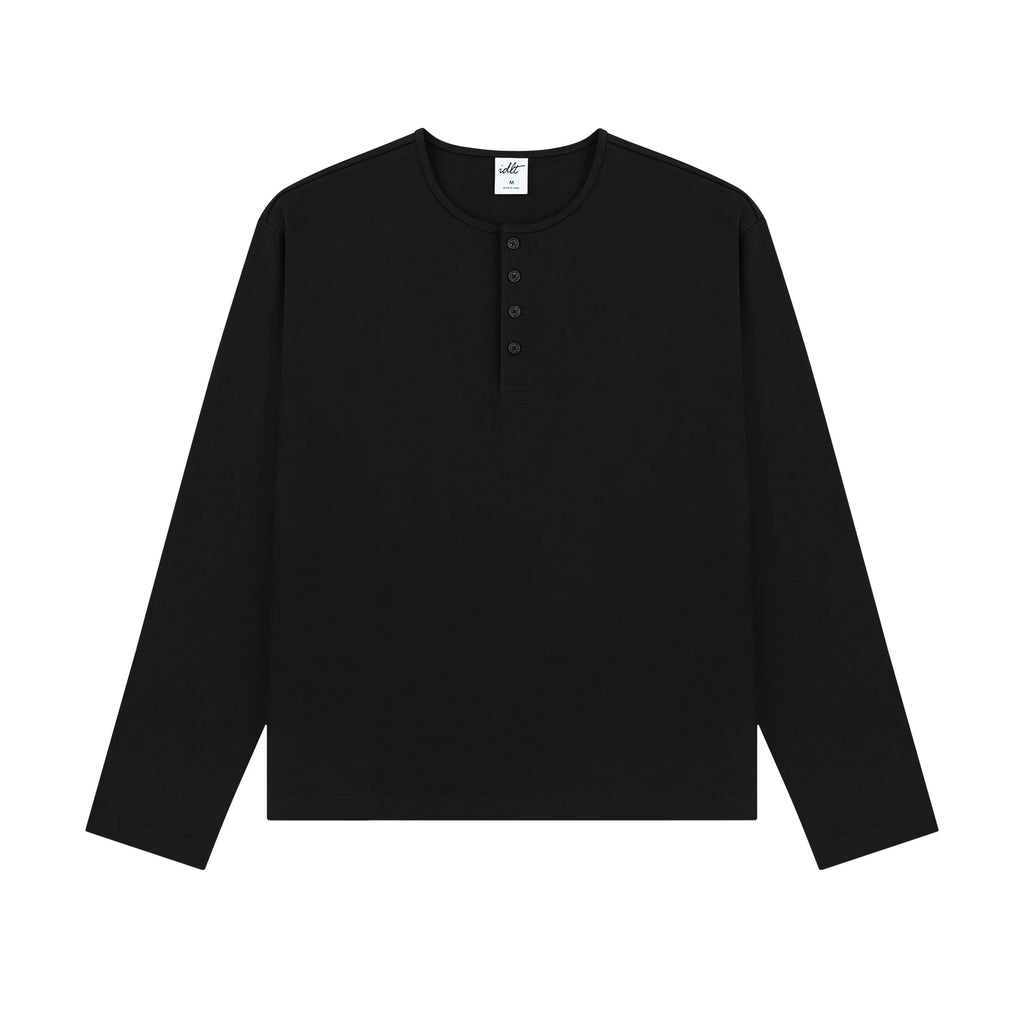 Cotton Long Sleeve Henley in Black, front view