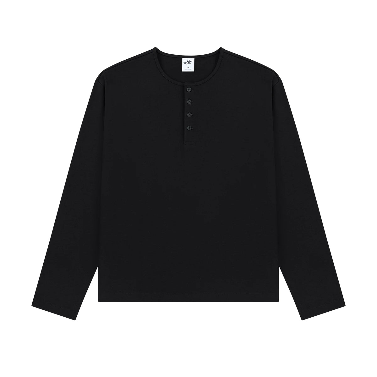 Cotton Long Sleeve Henley in Black, front view