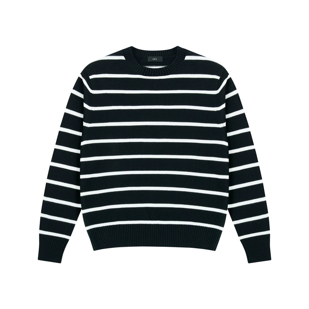 Relaxed Striped Knit Sweater in Black/White, front