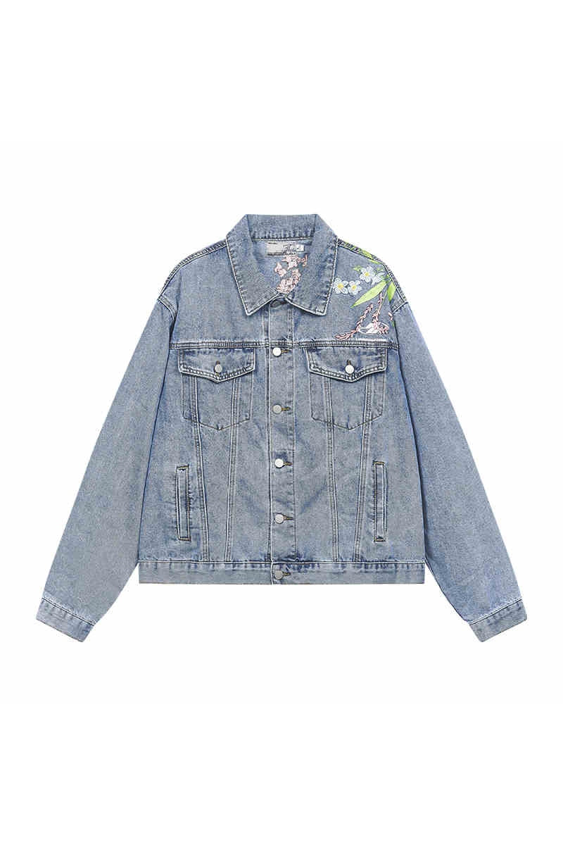 Floral Embroidered Washed Denim Jacket