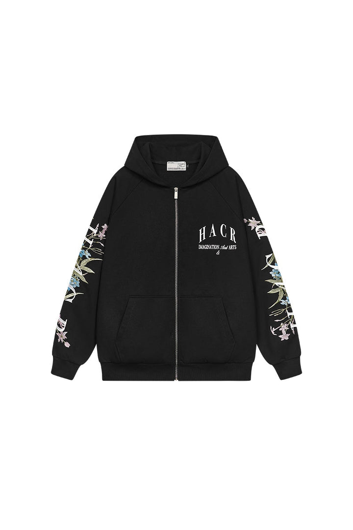 Floral Logo Sleeve Embroidered Zip Up Hoodie