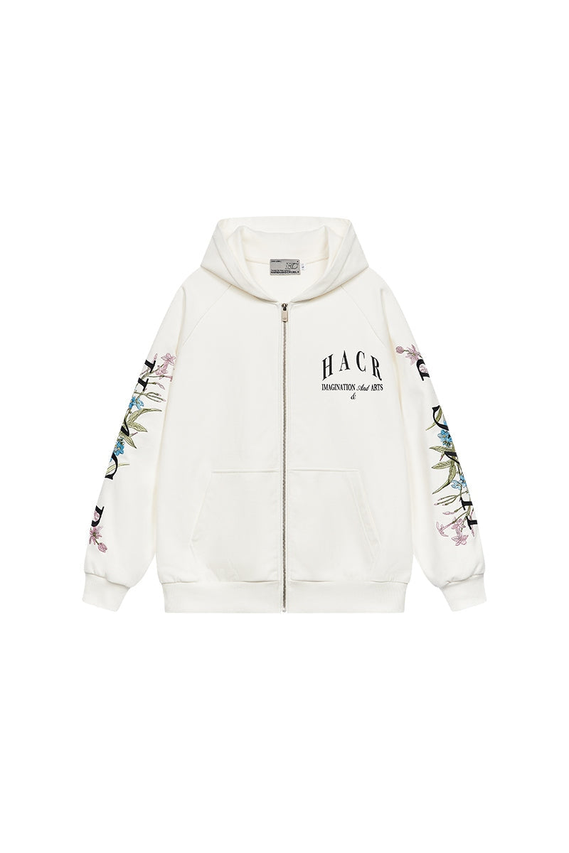 Floral Logo Sleeve Embroidered Zip Up Hoodie