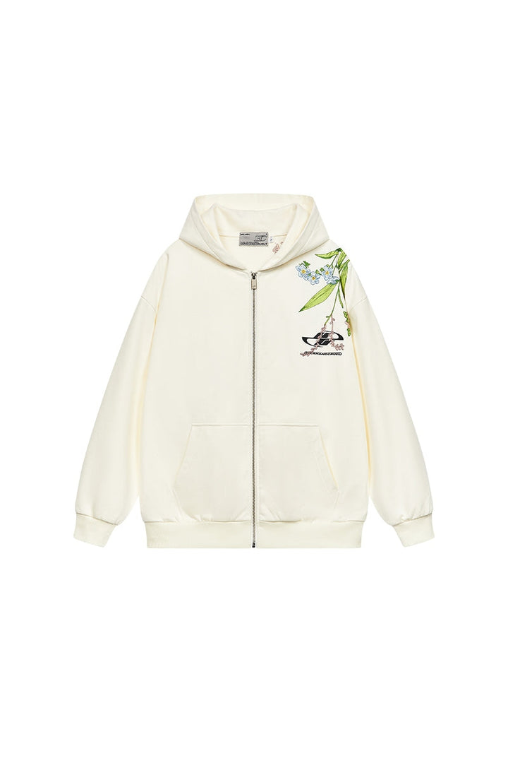 Floral Embroidery Logo Zip Up Hoodie