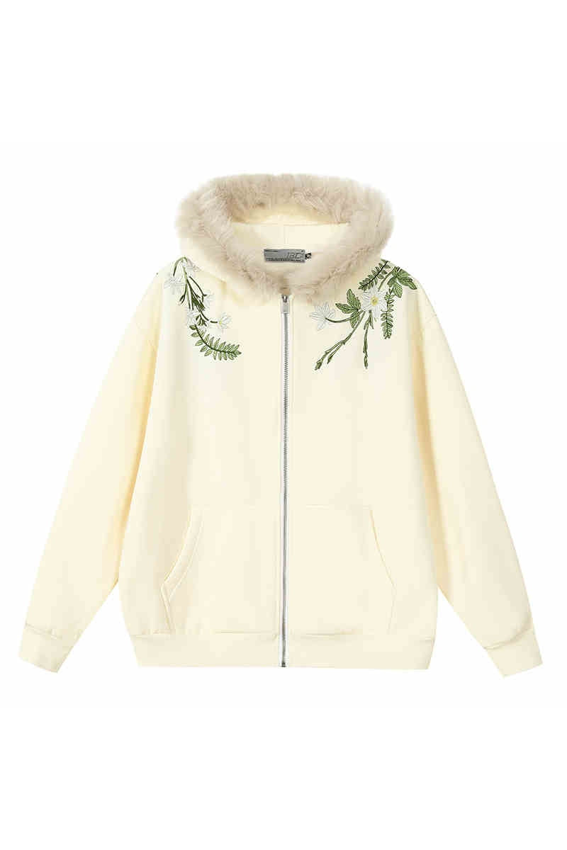 Floral Embroidery Fur Hooded Fleece Sweater