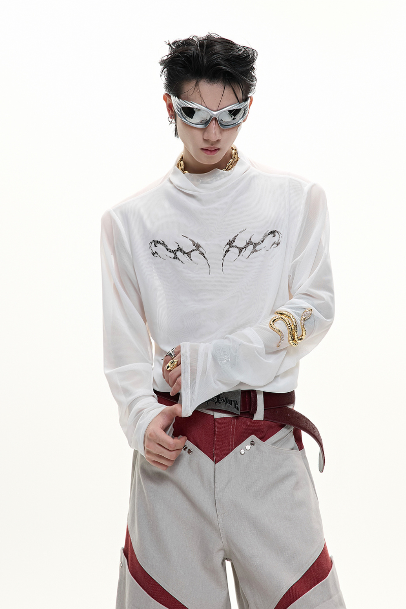 Mesh Fitted Metallic Print Tee