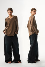Contrast V Neck Long Sleeve Tee