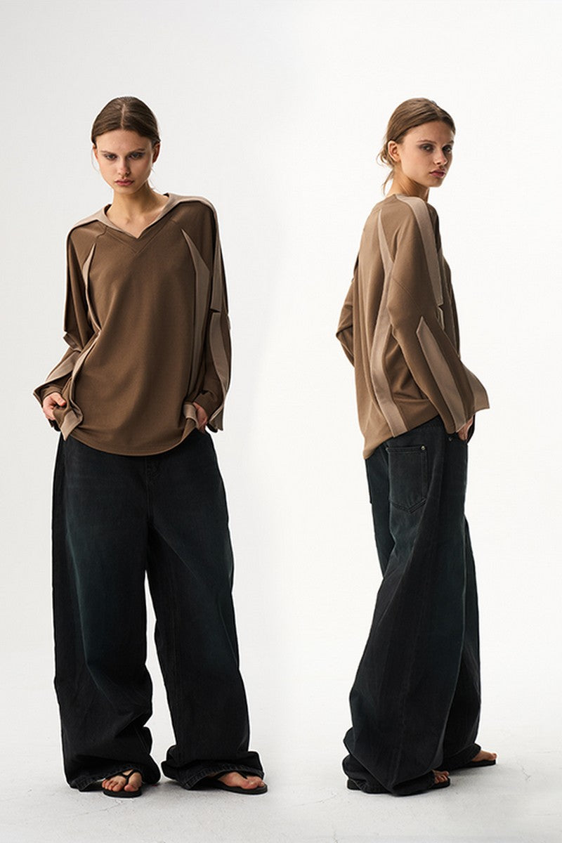 Contrast V Neck Long Sleeve Tee