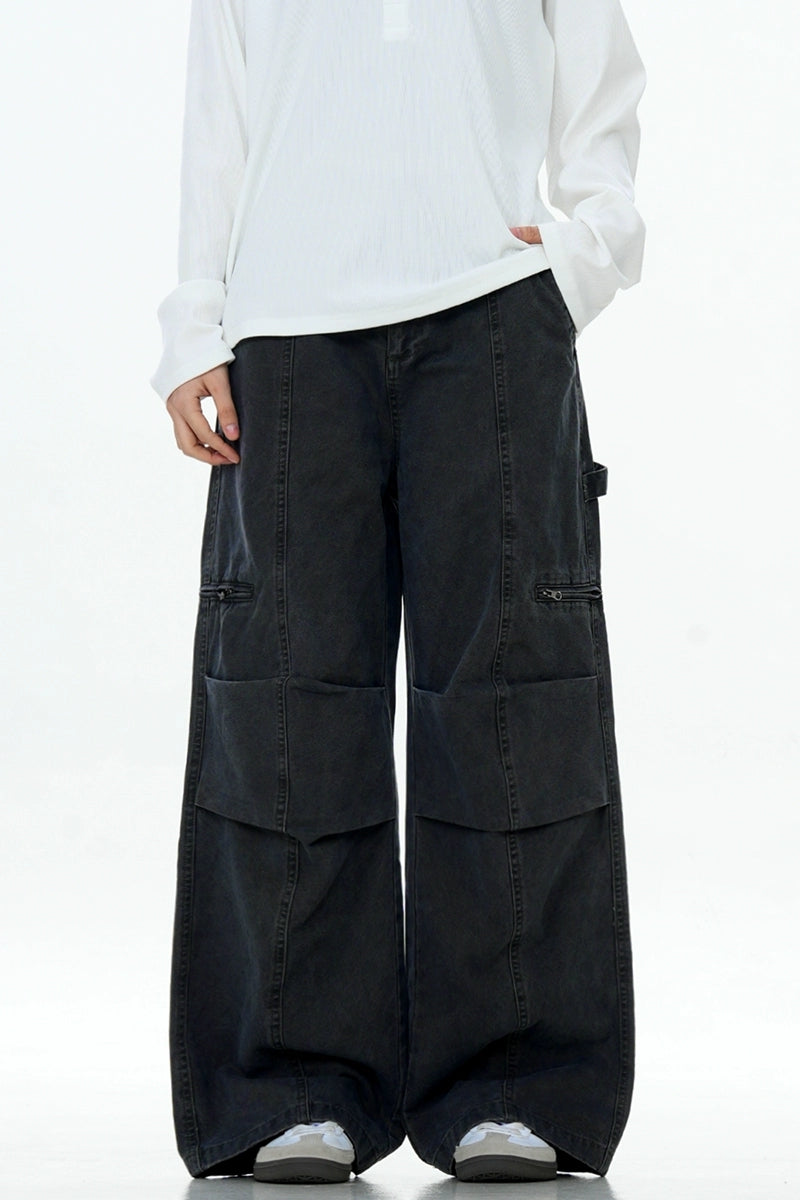 Washed Patchwork Straight Cargo Pants