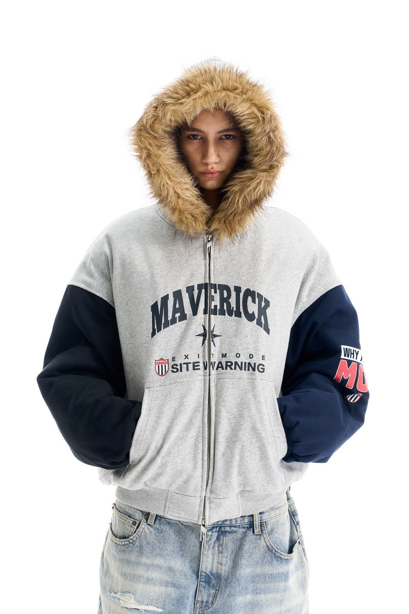 Colorblock Fleece Collar Print Jacket