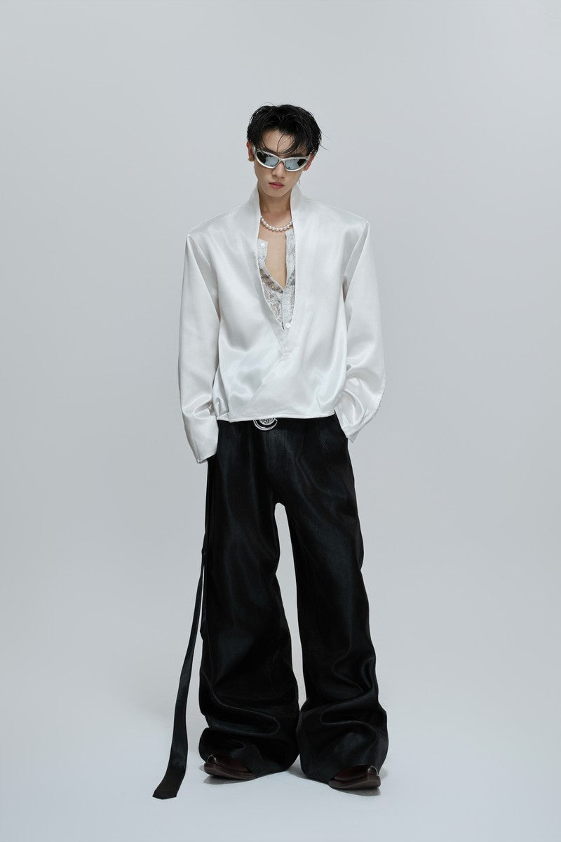 Lace V-Neck Layered Satin Blouse