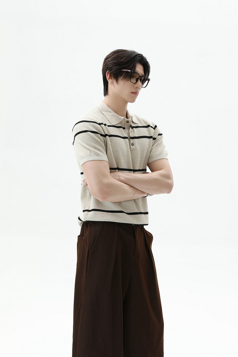 Striped Knit Polo Short Sleeve Tee