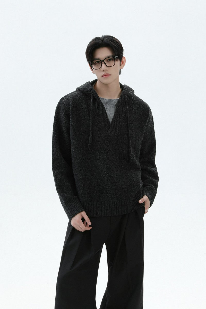 Heavyweight Layered Look Hooded Knit Sweater