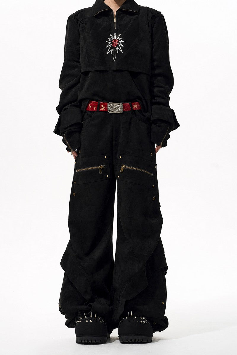 Suede Graffiti Wide Leg Cargo Pants