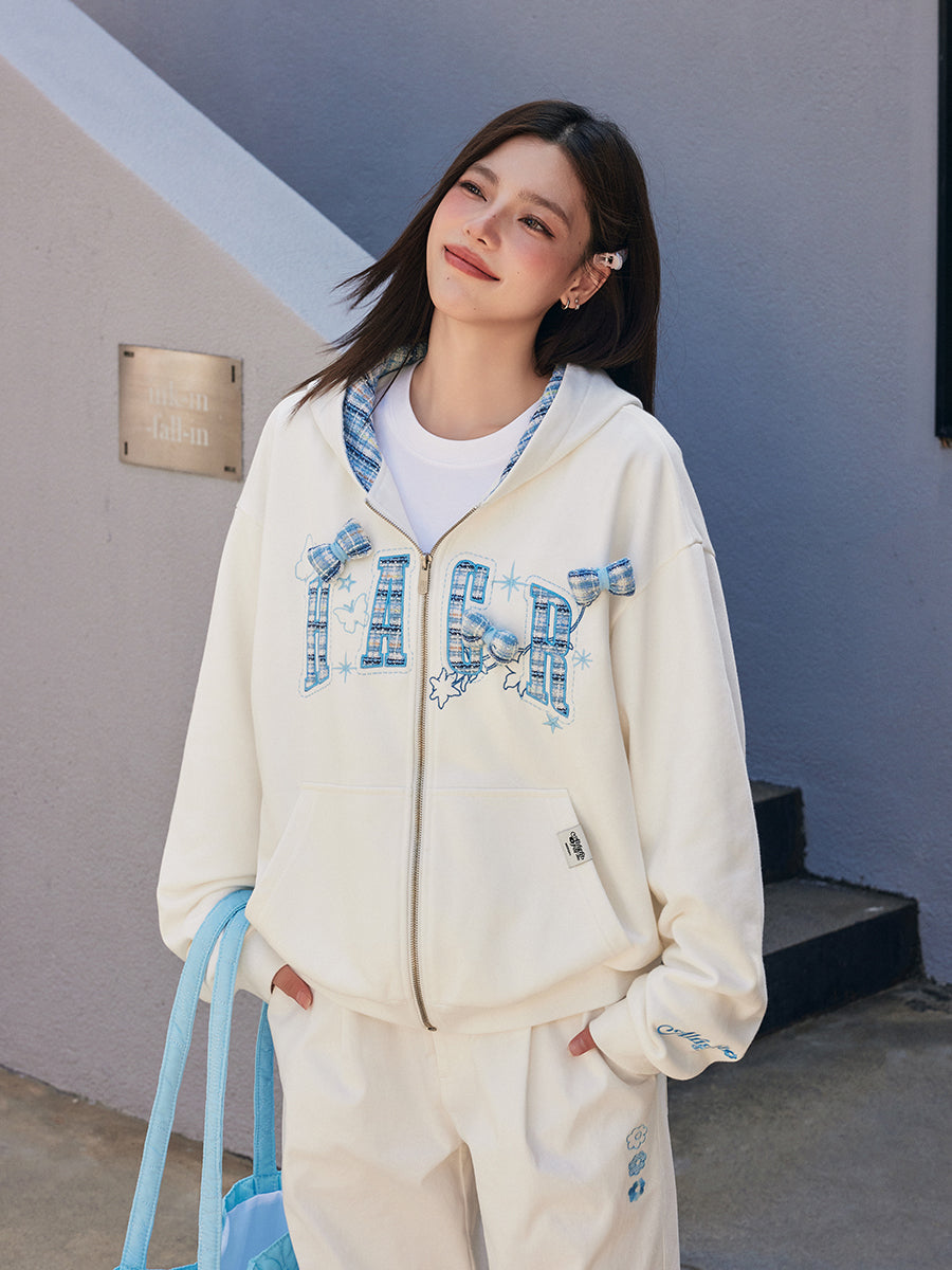 Embroidered Plaid Zip Hoodie
