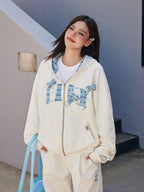 Embroidered Plaid Zip Hoodie