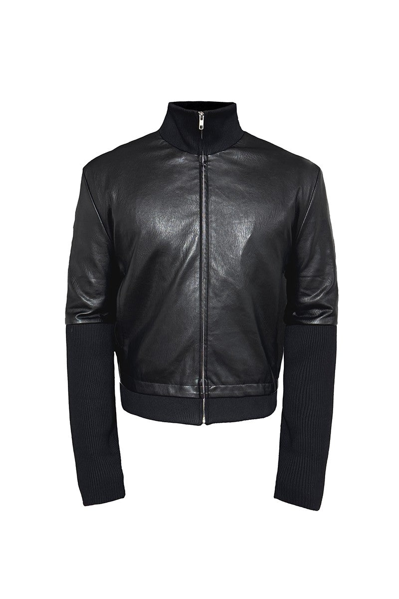 Ribbed Cuff Textured Leather Jacket