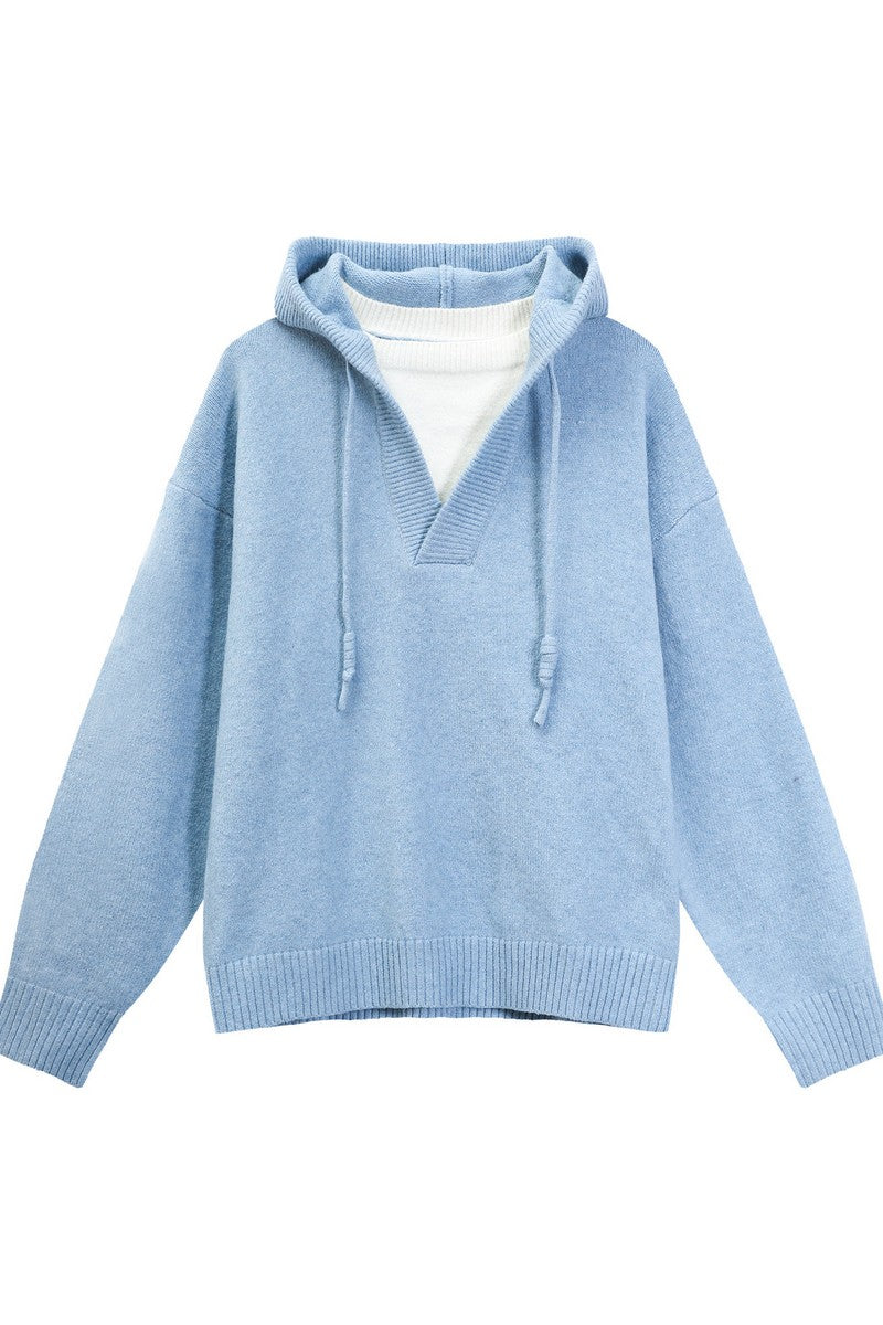 Heavyweight Layered Look Hooded Knit Sweater