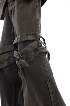 Belted Flared Distressed Jeans