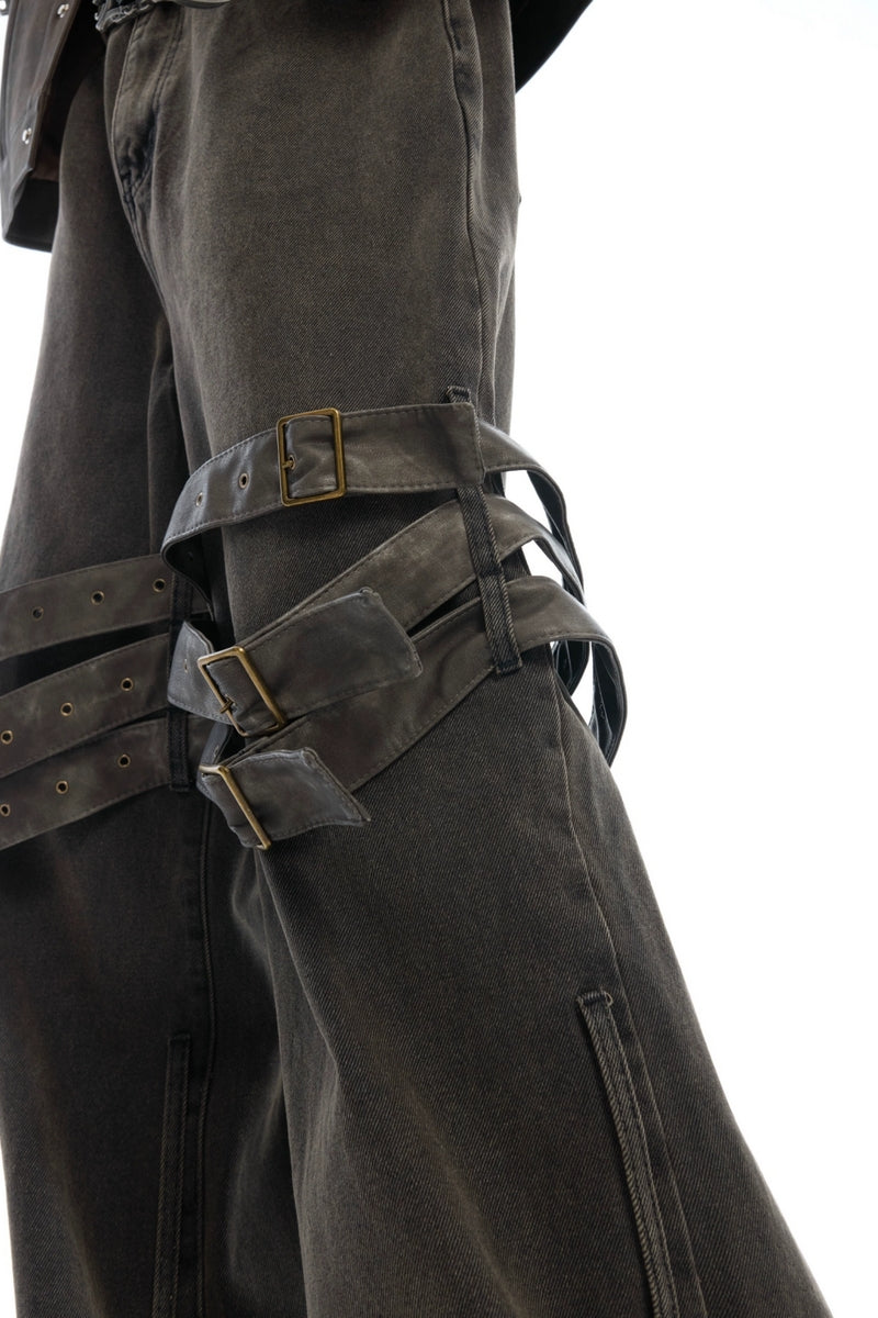 Belted Flared Distressed Jeans