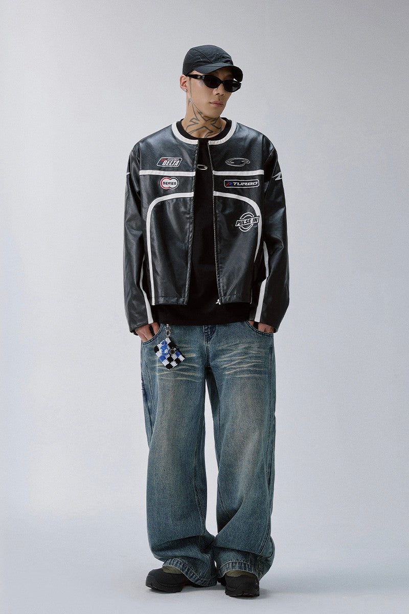 Embroidered Vintage Stripe Biker Jacket