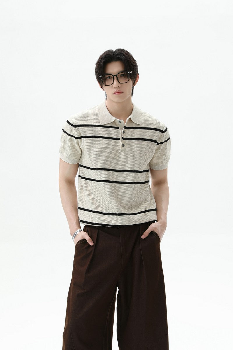 Striped Knit Polo Short Sleeve Tee