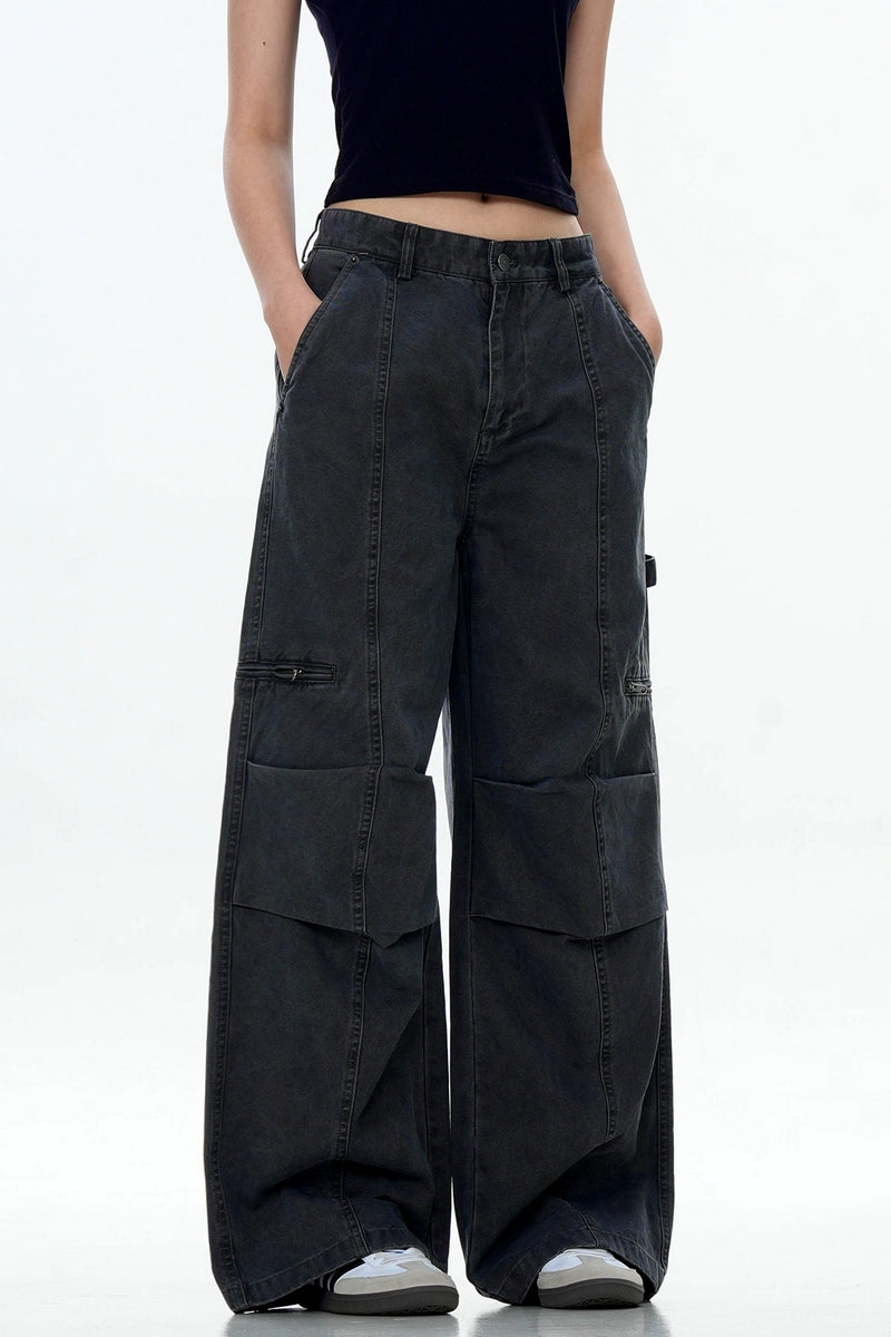 Washed Patchwork Straight Cargo Pants