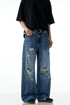 Blue Ripped Wide Jeans