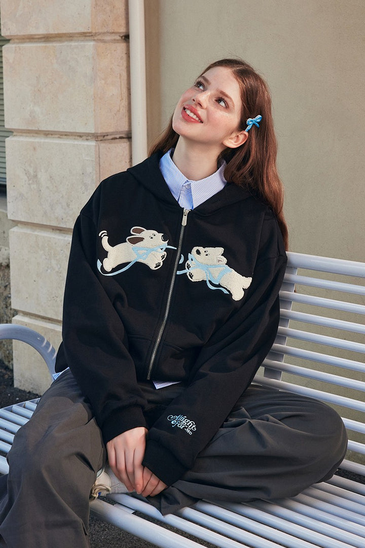 Plush Dog Embroidery Hoodie