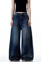 Whiskered Washed Wide-Leg Jeans