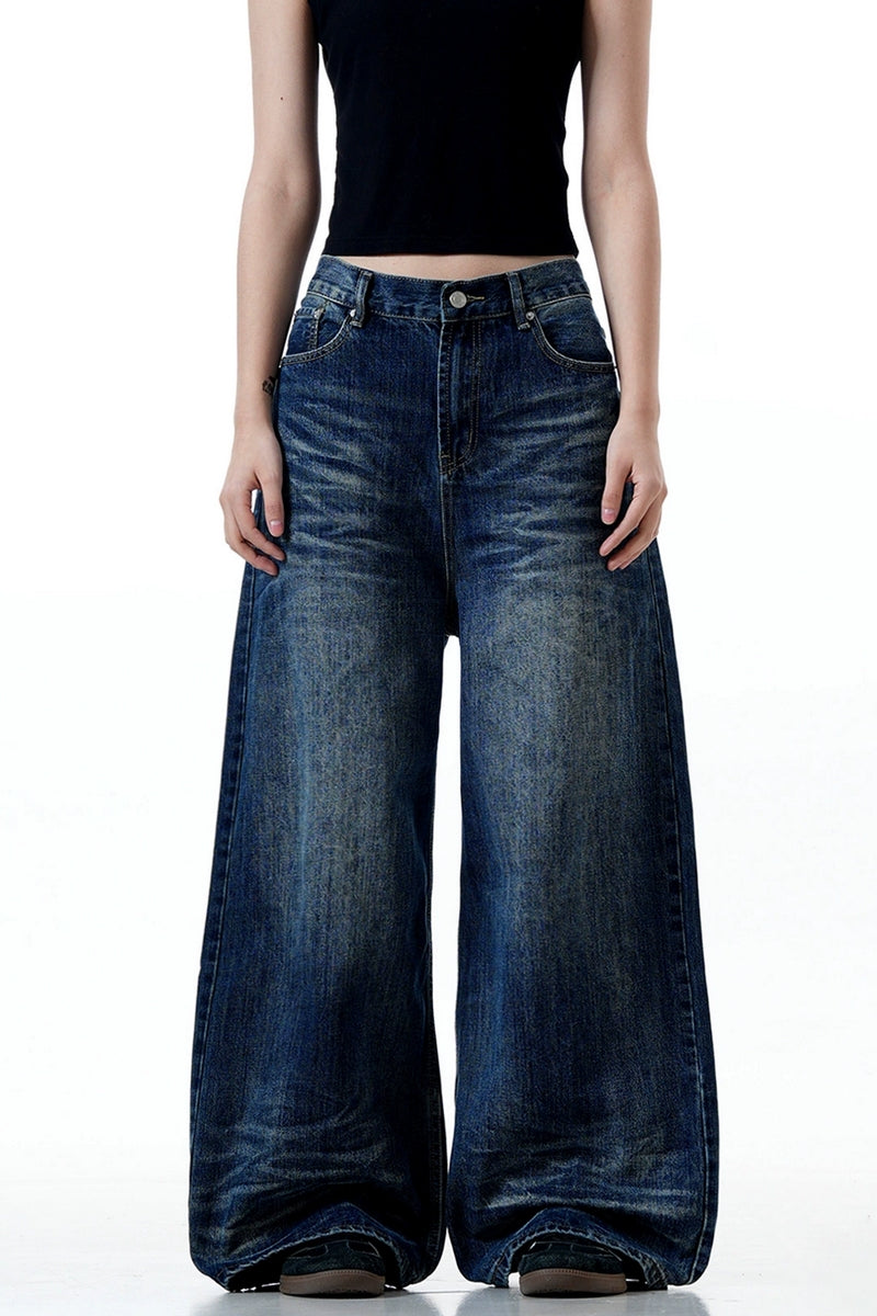 Whiskered Washed Wide-Leg Jeans