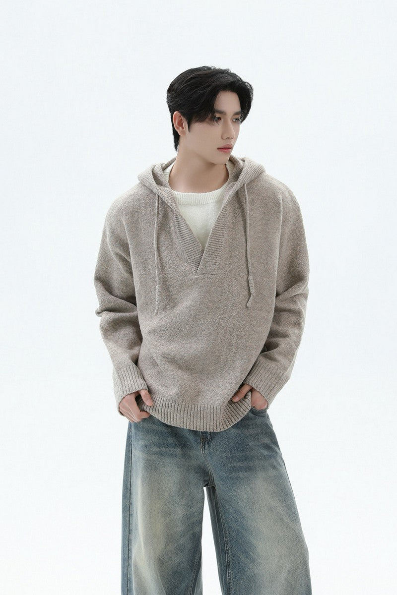 Heavyweight Layered Look Hooded Knit Sweater