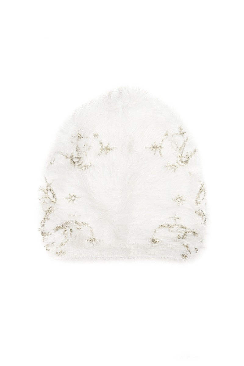 Embroidered Faux Mink Knit Beanie