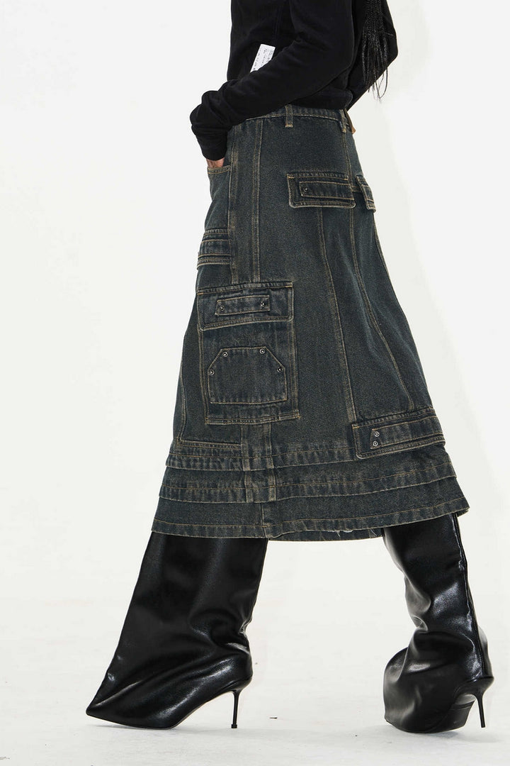 Metal Patch Distressed Denim Cargo Skirt