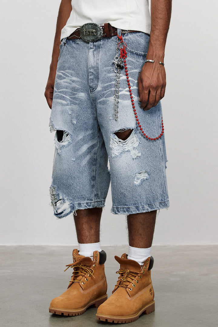 Distressed Ice Blue Denim Shorts