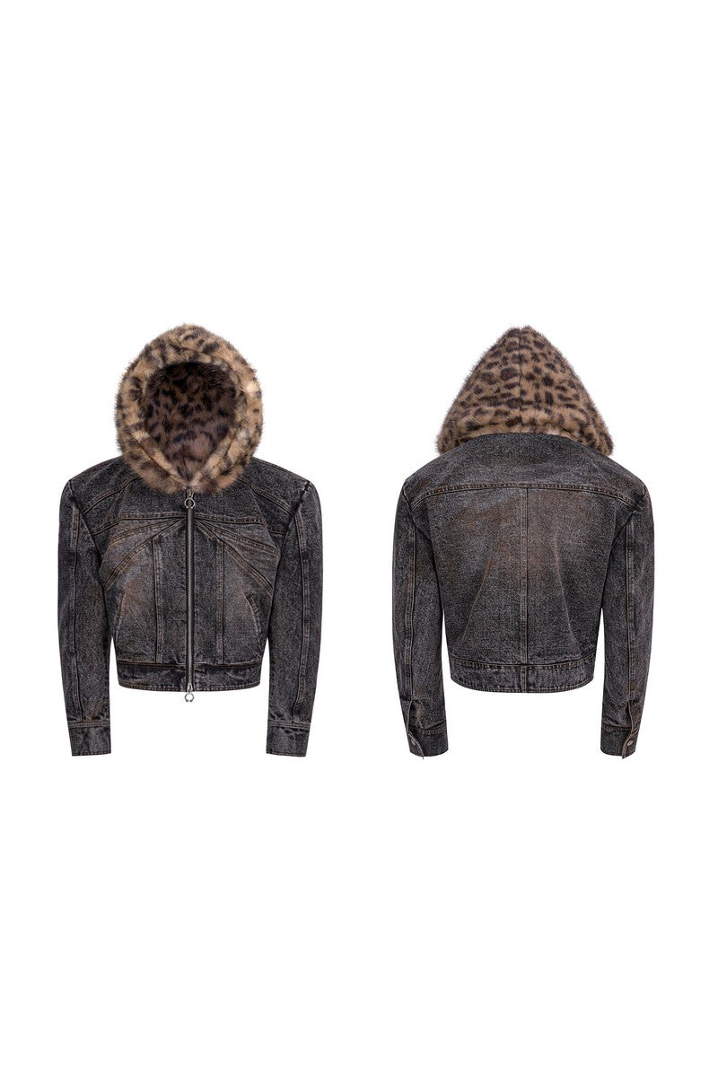 Leopard Faux Fur Denim Hoodie Jacket