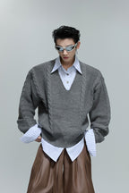 Layered V-Neck Cable Knit Sweater