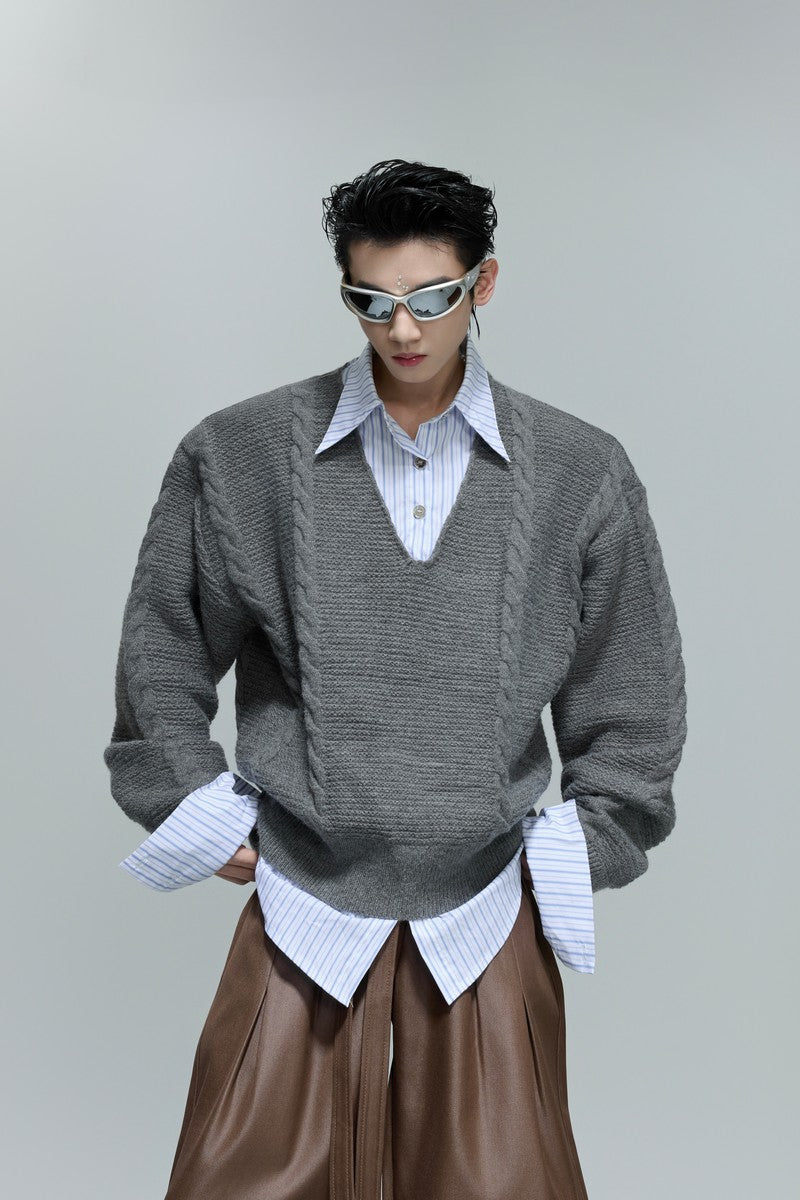 Layered V-Neck Cable Knit Sweater