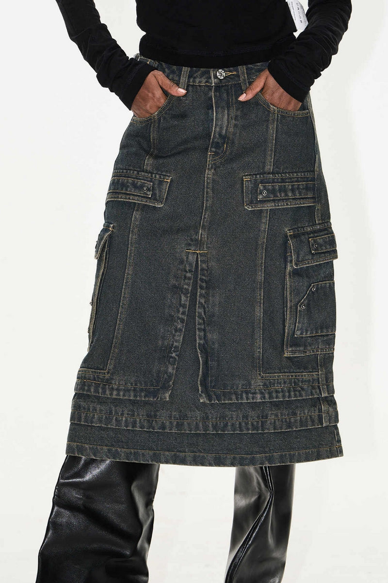 Metal Patch Distressed Denim Cargo Skirt