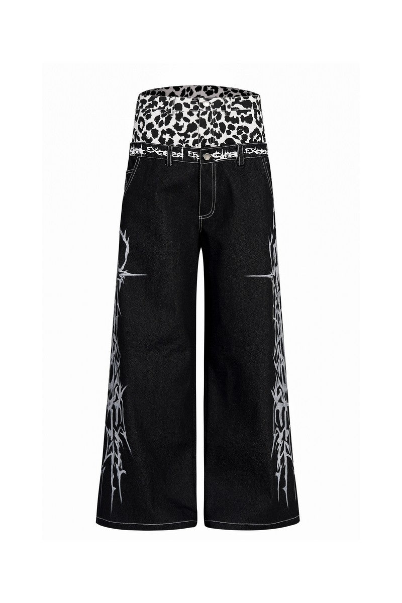 Leopard Patch Double Waist Jeans